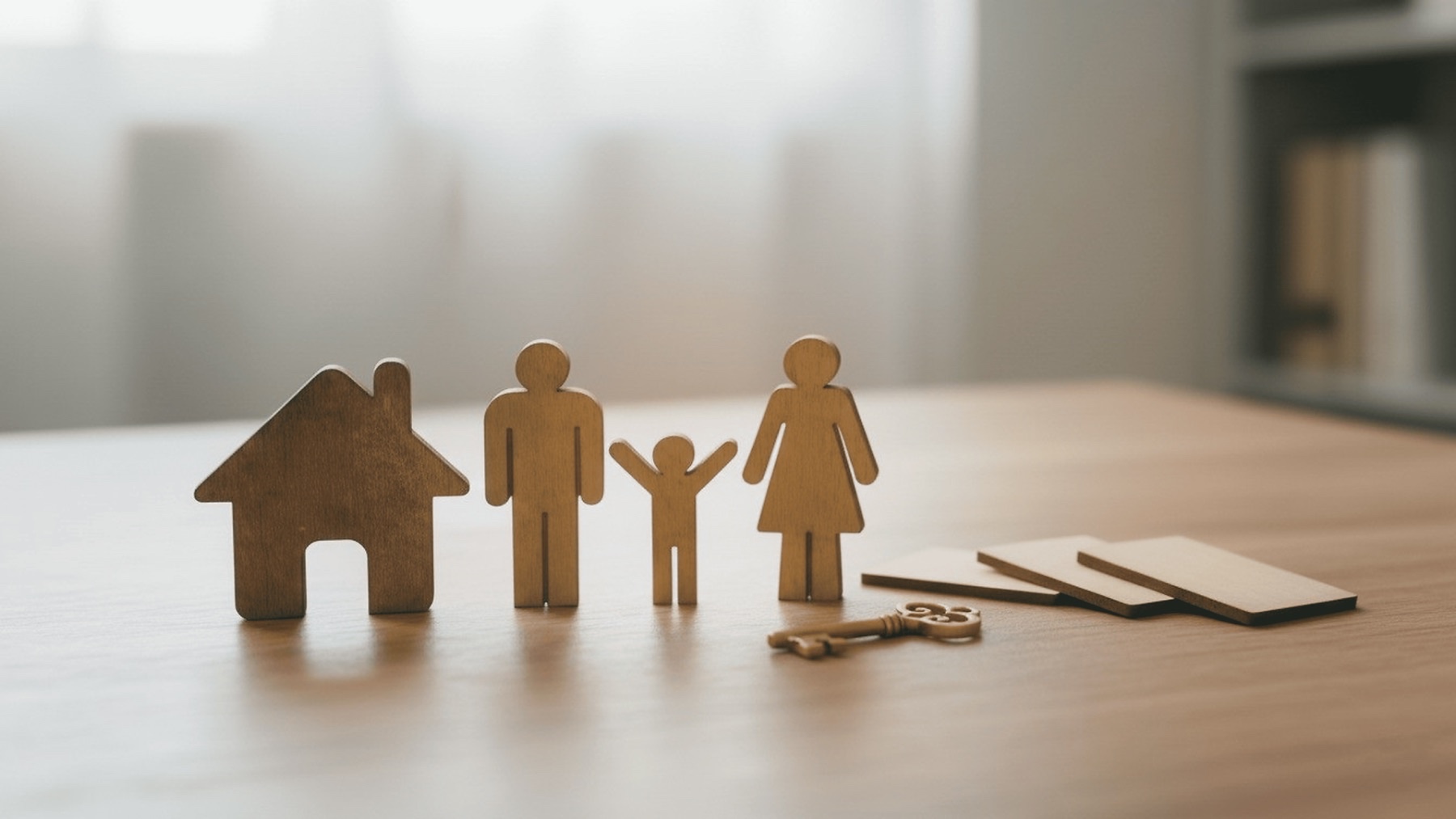 Wooden figures of a family beside a house and a key